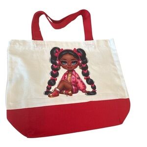 Large Red & White with Trendy Girl Graphic Canvas Tote  - New